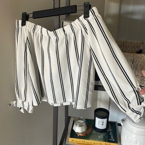 White with black stripes off the shoulder 3 quarter length shirt